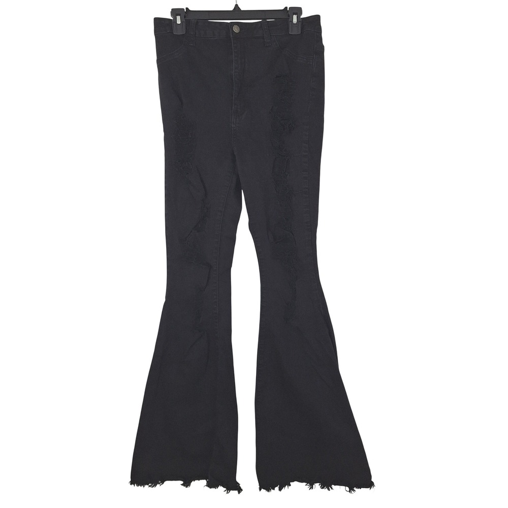 Jeans Grunge Whimsigoth Heavily Distressed Retro Flare Black The M.A.P. Size 15